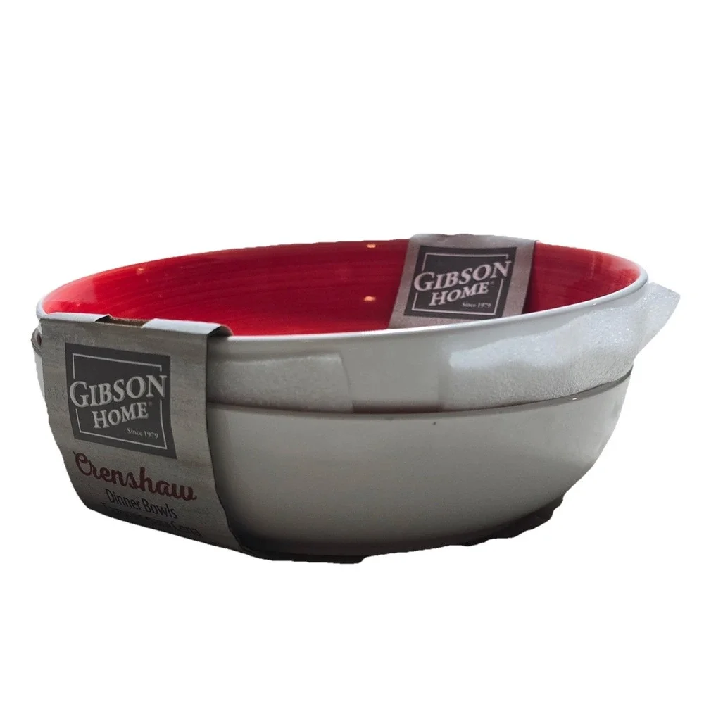 Gibson Home Crenshaw Dinner Bowl Set Red‎ White 8.5 Inch 2 Piece Stoneware NEW